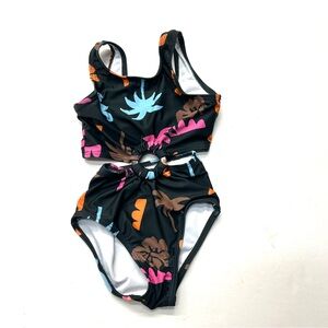 Cotton On Black Multicolor Tropical Girls Monokini Swimsuit Bathing Suit